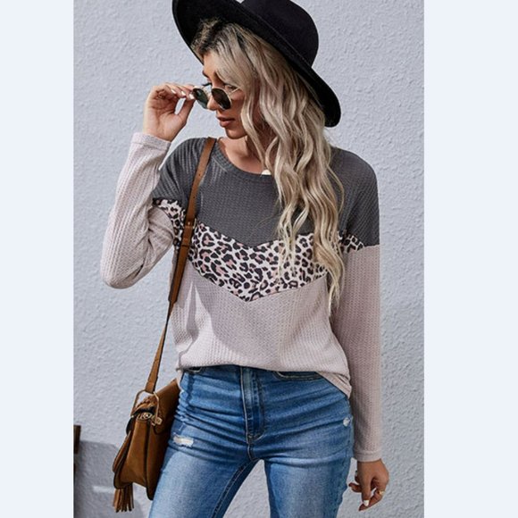 Leopard Color Block Waffle-Knit Top - Picture 3 of 4